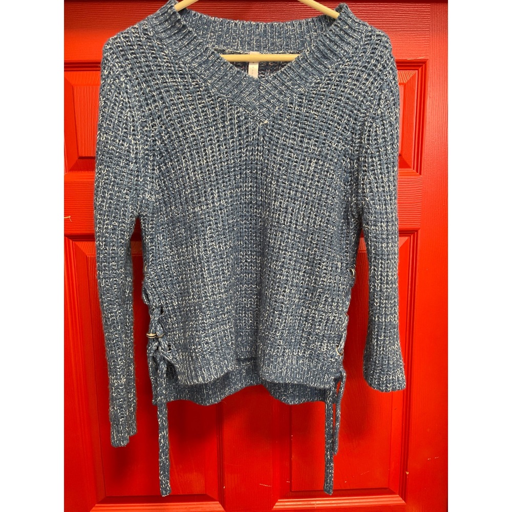 Icon Apparel Blue Marled Chunky Knit V-Neck Sweater Side Lace Up Grommet Medium